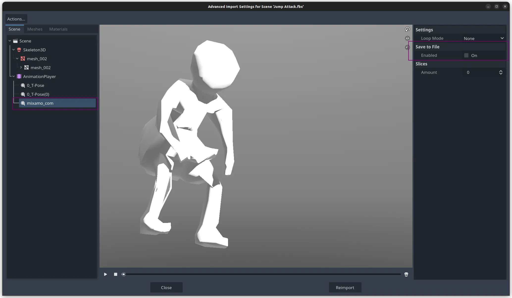 Godot's Advanced Import Settings window showing the imported FBX scene tree with AnimationPlayer selected.
