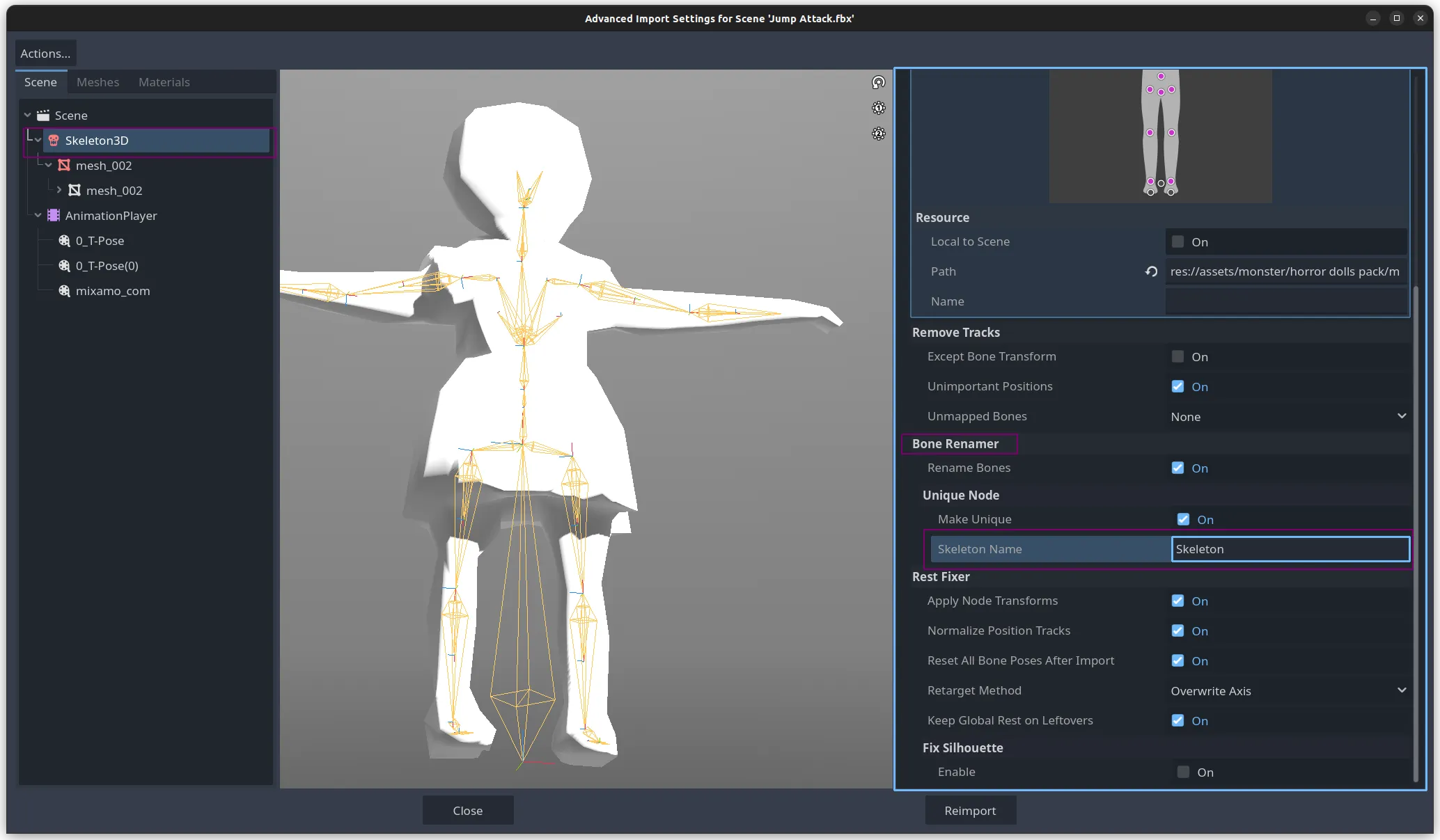 Godot Inspector showing Skeleton3D Bone Renamer section with Skeleton Name field highlighted and set to 'Skeleton'.