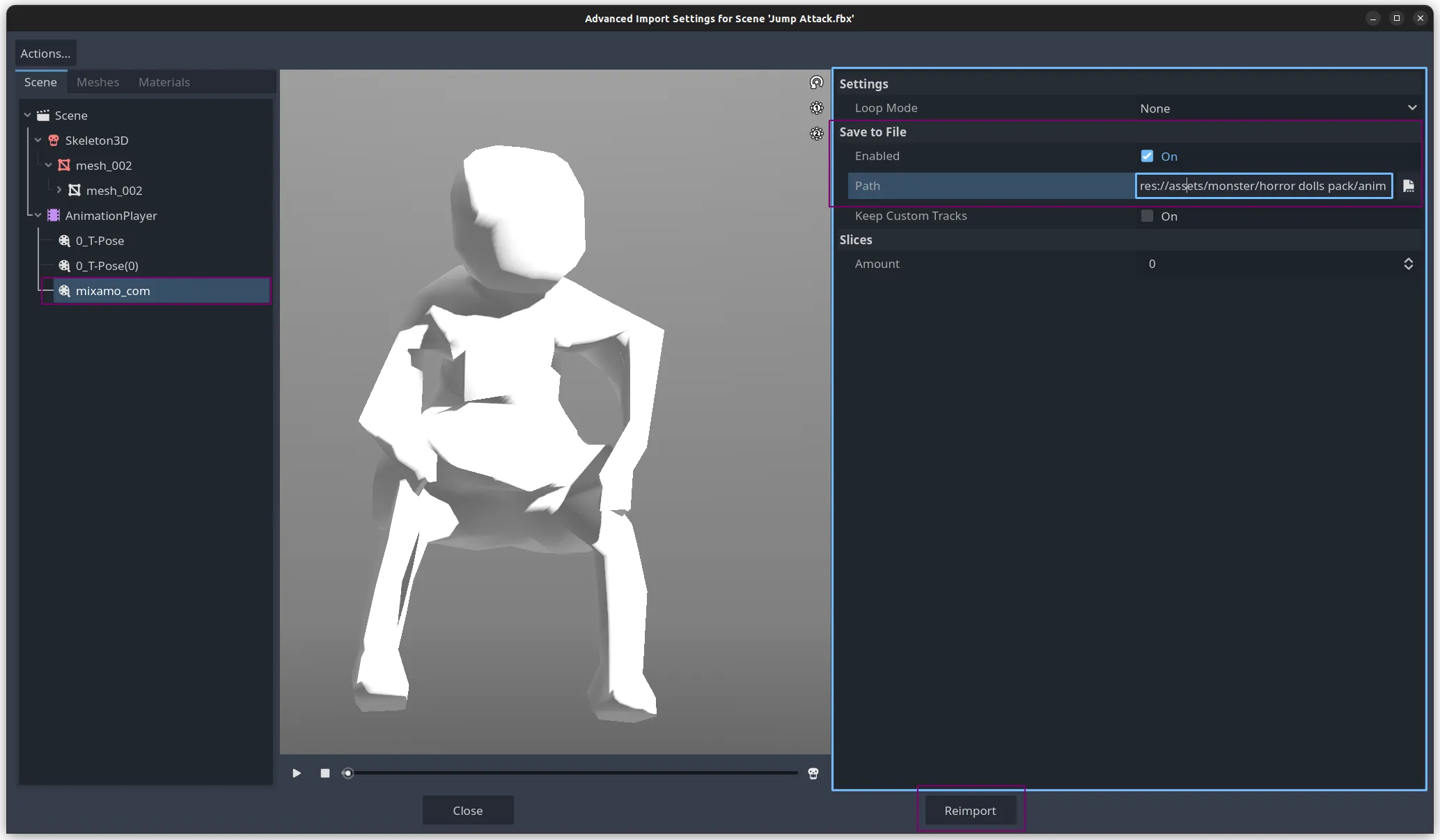 Godot Inspector showing AnimationPlayer settings, highlighting Save to File Enabled checkbox and Path selection for the 'mixamo_com' animation.