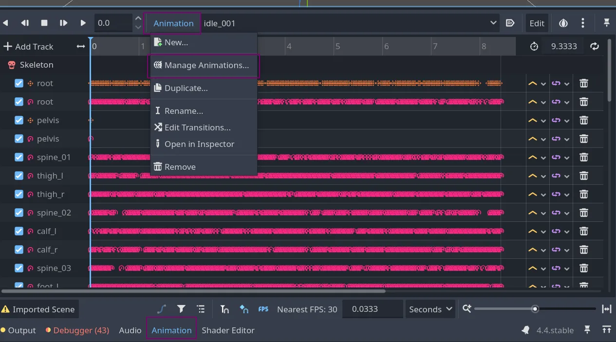 Godot Animation panel with the 'Animation' dropdown menu open, highlighting 'Manage Animations...' option.