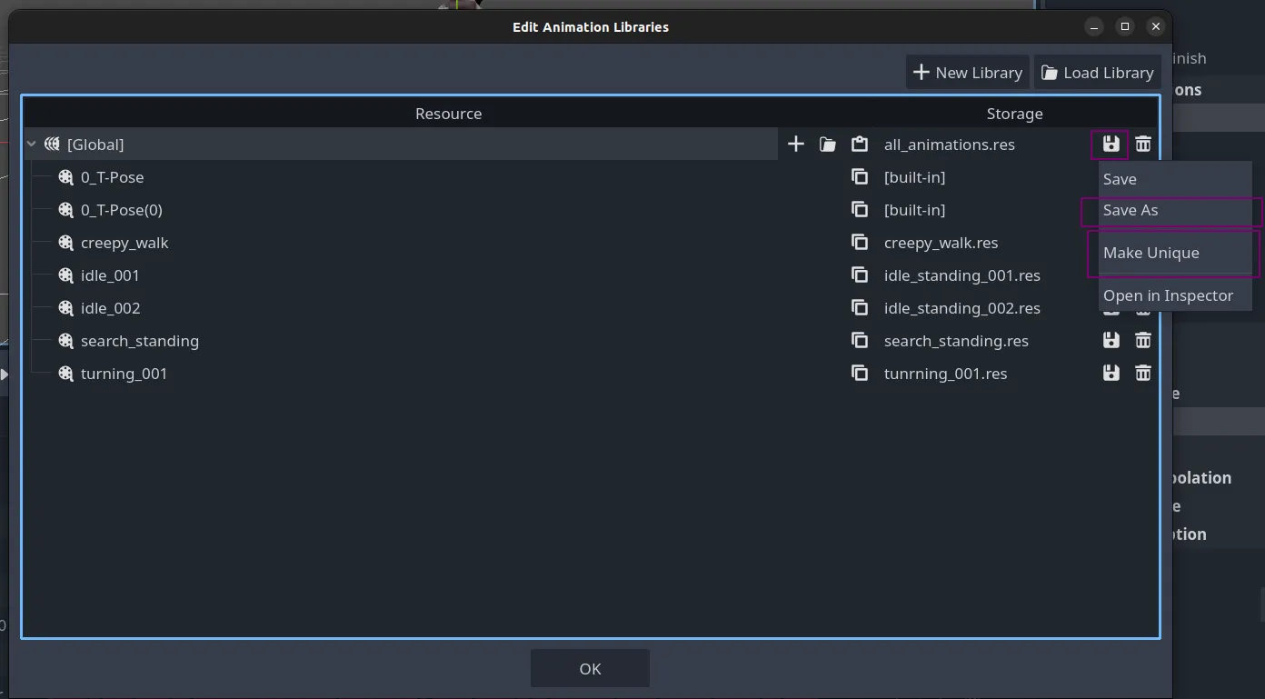 Godot Edit Animation Libraries dialog with the Disk icon menu open, highlighting 'Make Unique' and 'Save As...' options.