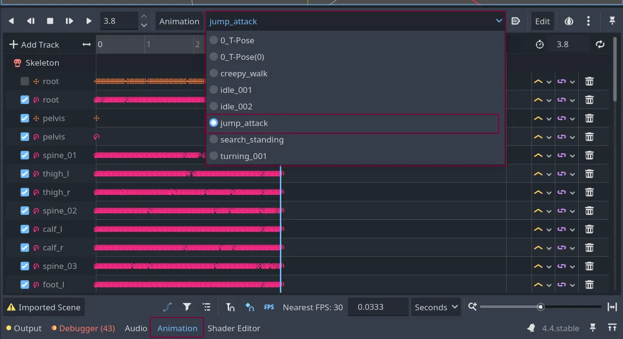 Godot Animation panel showing the animation selection dropdown, with the newly imported 'jump_attack' animation highlighted.